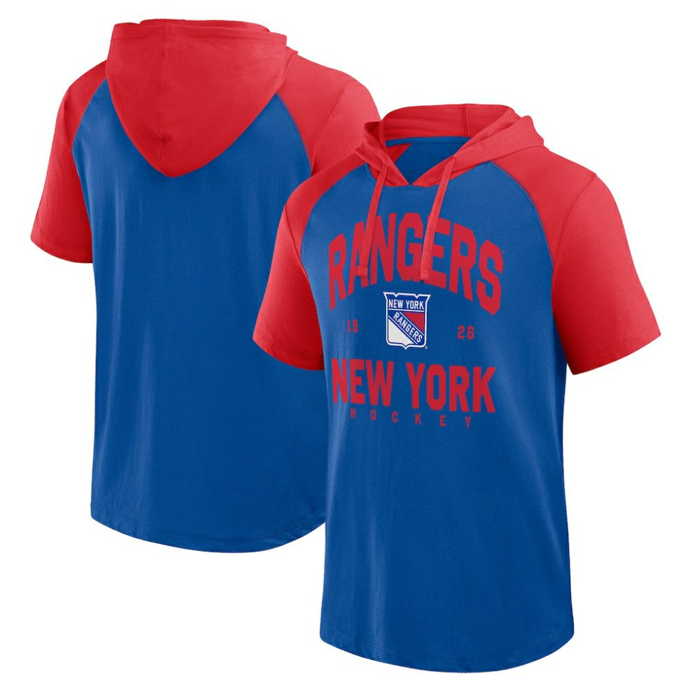 New York Rangers Logo Athletic Prime Raglan Short Sleeve Pullover Hoodie - Blue - NHL