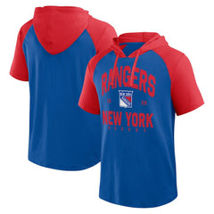 New York Rangers Logo Athletic Prime Raglan Short Sleeve Pullover Hoodie - Blue - NHL