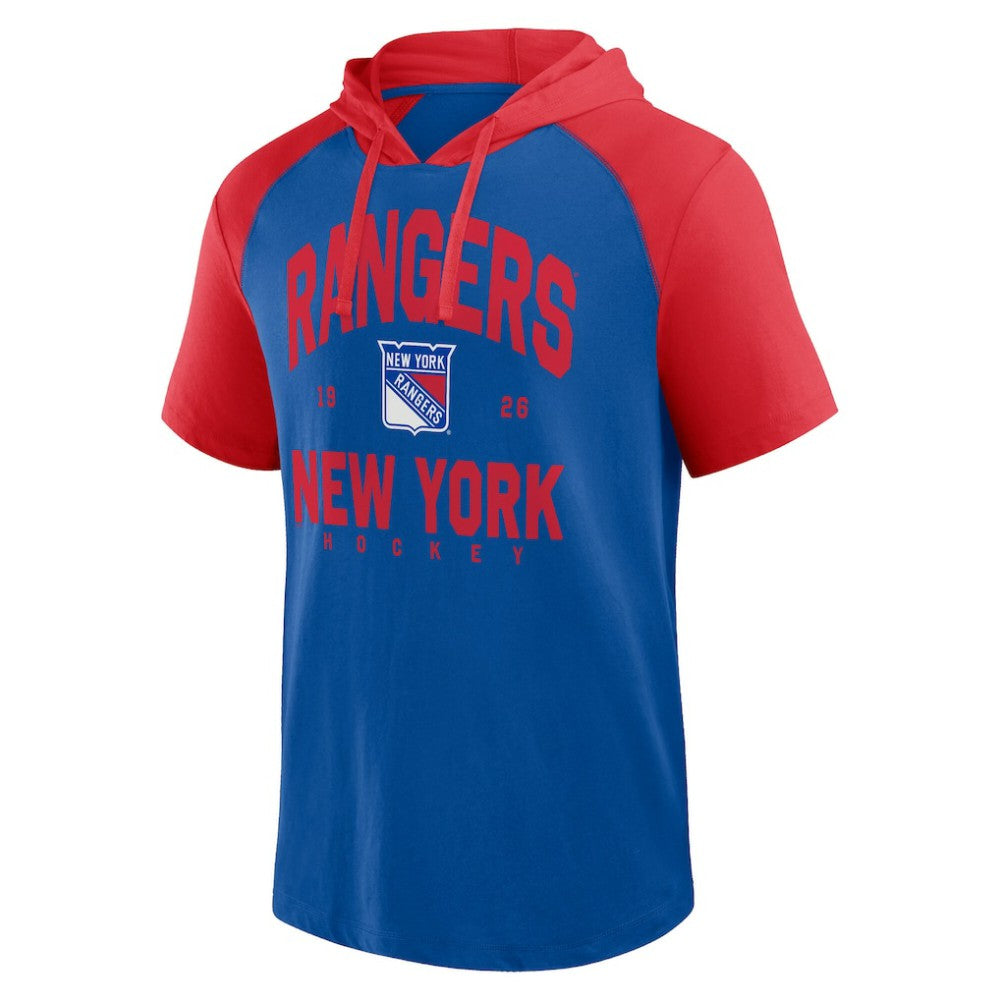 New York Rangers Logo Athletic Prime Raglan Short Sleeve Pullover Hoodie - Blue - NHL
