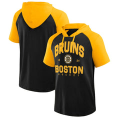 Boston Bruins Logo Athletic Prime Raglan Short Sleeve Pullover Hoodie - Black - NHL