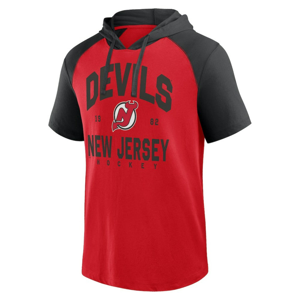 New Jersey Devils Logo Athletic Prime Raglan Short Sleeve Pullover Hoodie - Red - NHL
