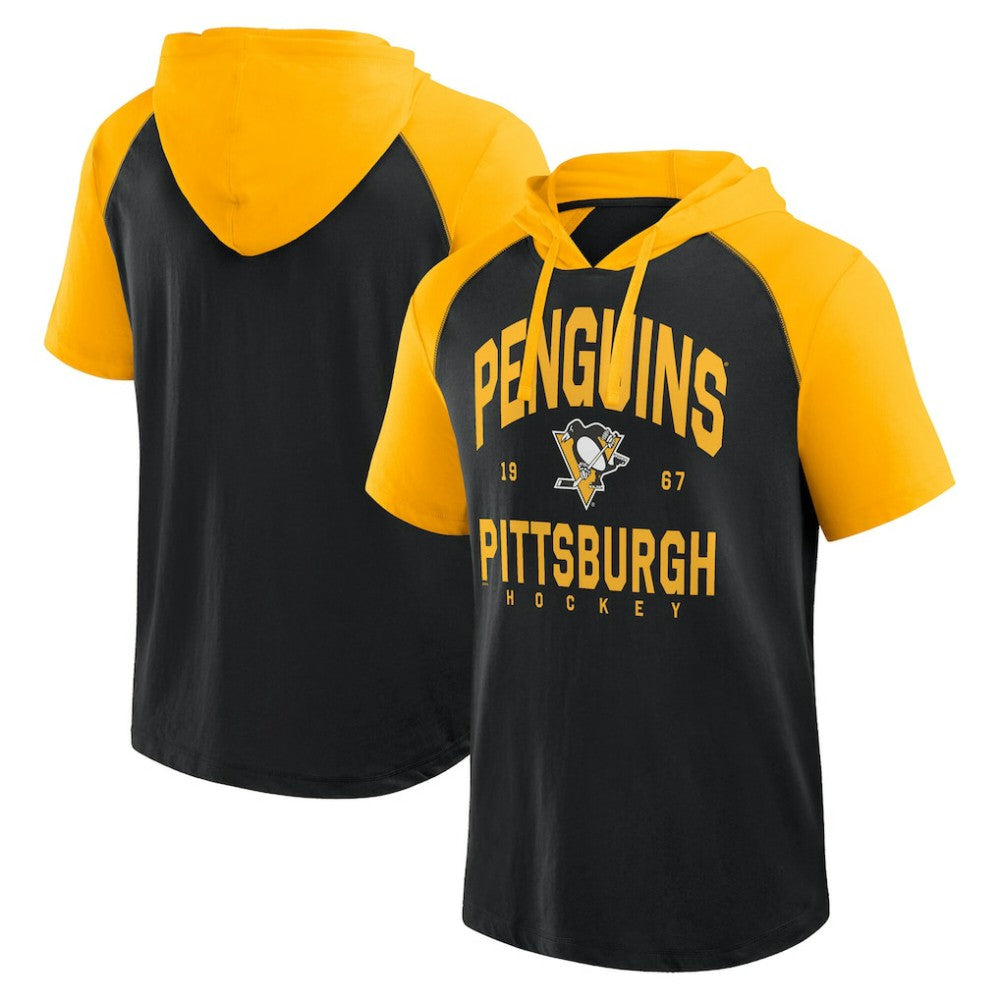 Pittsburgh Penguins Logo Athletic Prime Raglan Short Sleeve Pullover Hoodie - Black - NHL