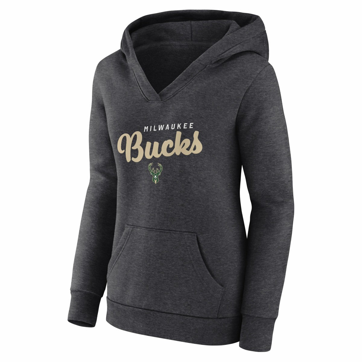 Milwaukee Bucks Logo Athletic Women's Triumphant V-Neck Pullover Hoodie Heather Charcoal - NBA