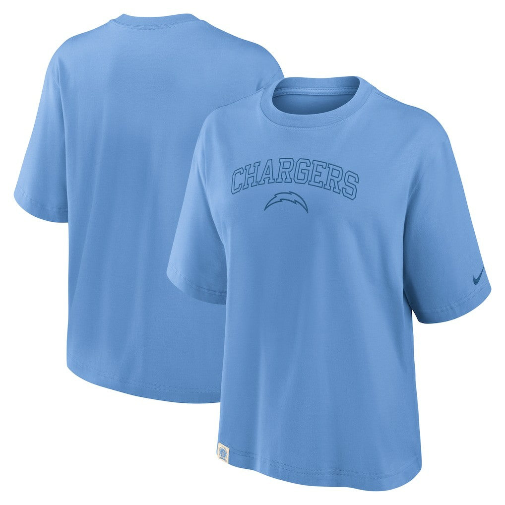 Los Angeles Chargers Women's Glory Arch Boxy T-Shirt Powder Blue | Nike for Sale