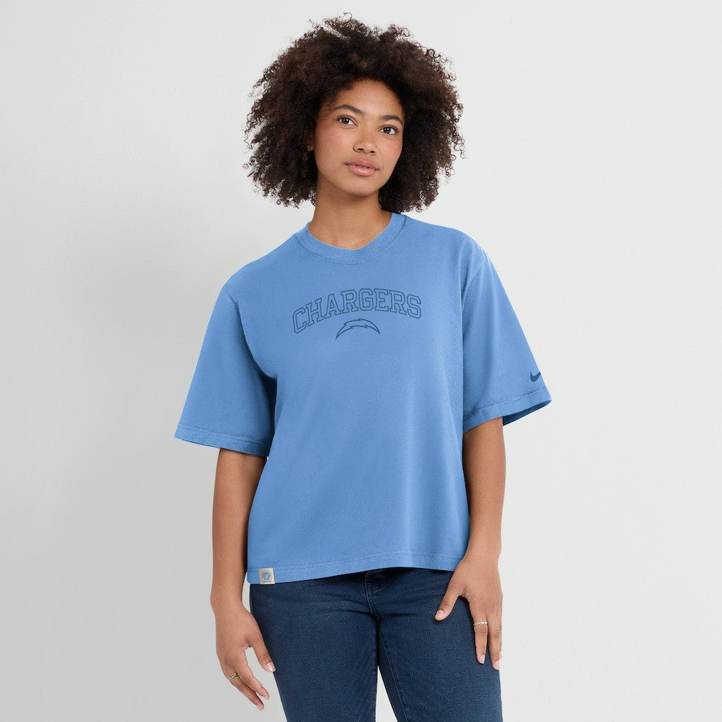 Los Angeles Chargers Women's Glory Arch Boxy T-Shirt Powder Blue | Nike for Sale