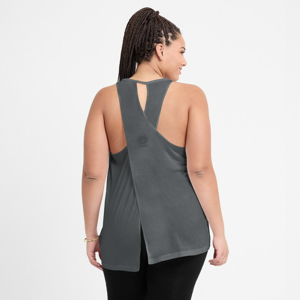 Las Vegas Raiders Women's Glory Open-Back Crisscross Dri-FIT Tank Top Charcoal | Nike for Sale