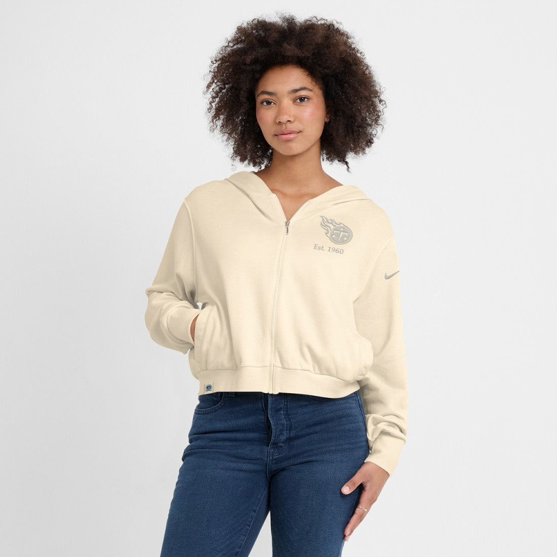 Tennessee Titans Women's Glory Cropped Full-Zip Hoodie Cream | Nike for Sale