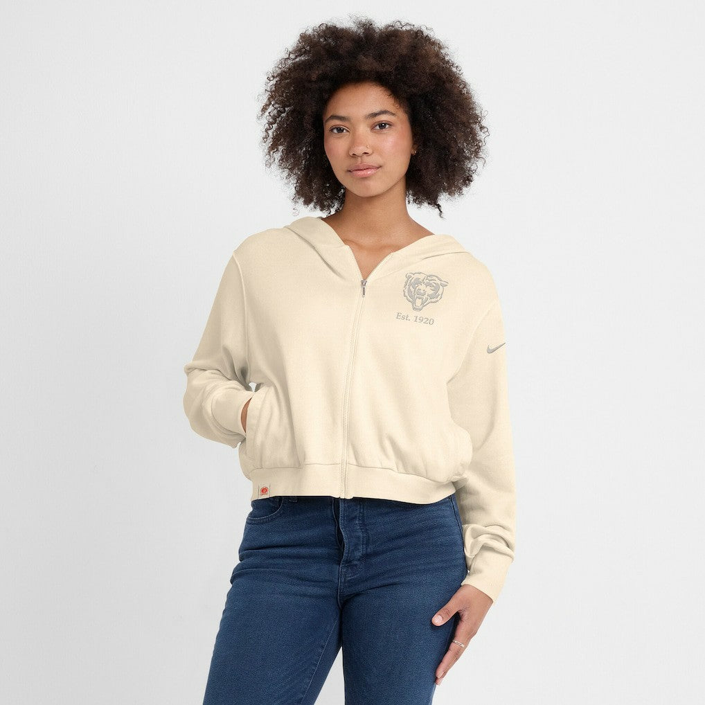 Chicago Bears Women's Glory Cropped Full-Zip Hoodie Cream | Nike for Sale