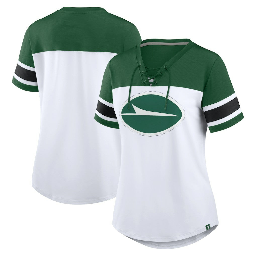 New York Jets Women's Athena Rhinestone Lace-Up V-Neck T-Shirt White/Green | Fanatics