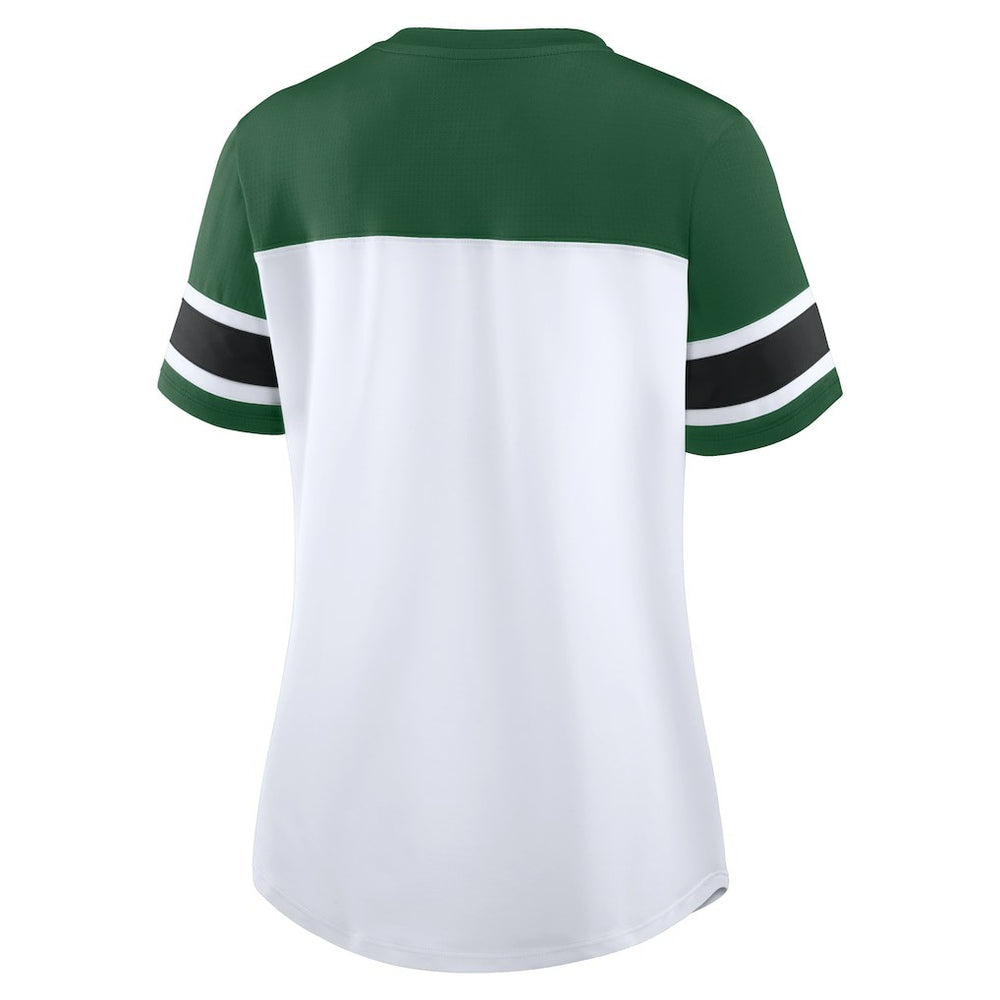 New York Jets Women's Athena Rhinestone Lace-Up V-Neck T-Shirt White/Green | Fanatics