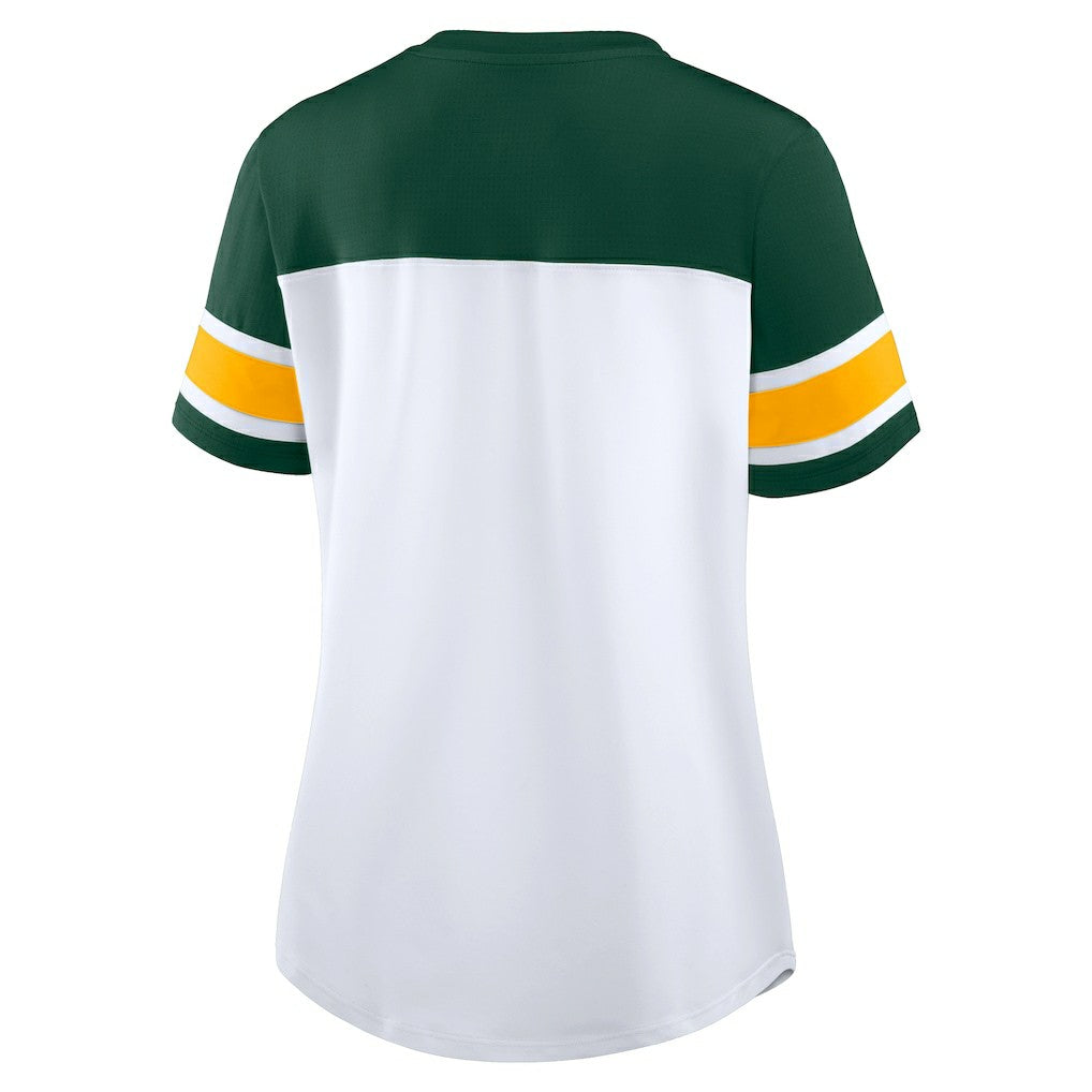 Green Bay Packers Women's Athena Rhinestone Lace-Up V-Neck T-Shirt White/Green | Fanatics