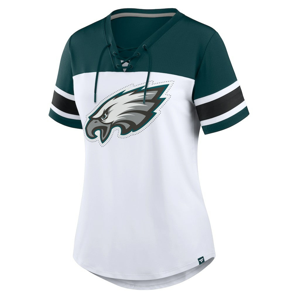 Philadelphia Eagles Women's Athena Rhinestone Lace-Up V-Neck T-Shirt White/Midnight Green | Fanatics