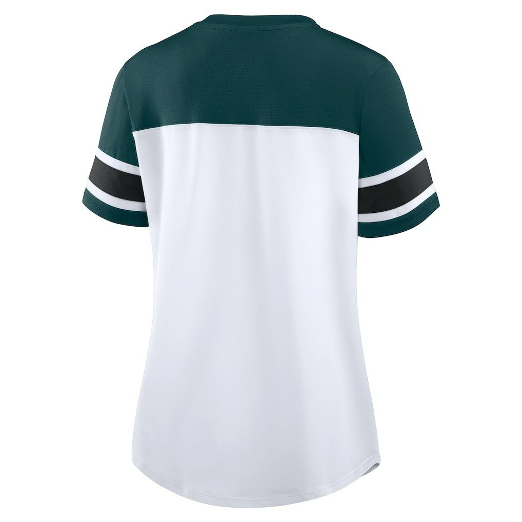 Philadelphia Eagles Women's Athena Rhinestone Lace-Up V-Neck T-Shirt White/Midnight Green | Fanatics