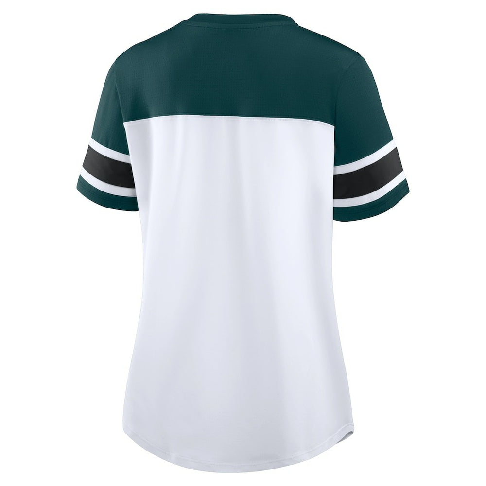 Philadelphia Eagles Women's Athena Rhinestone Lace-Up V-Neck T-Shirt White/Midnight Green | Fanatics