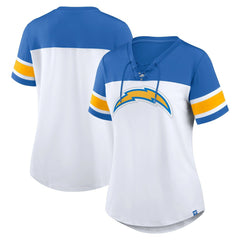 Los Angeles Chargers Women's Athena Rhinestone Lace-Up V-Neck T-Shirt White/Powder Blue | Fanatics