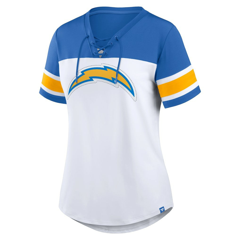 Los Angeles Chargers Women's Athena Rhinestone Lace-Up V-Neck T-Shirt White/Powder Blue | Fanatics