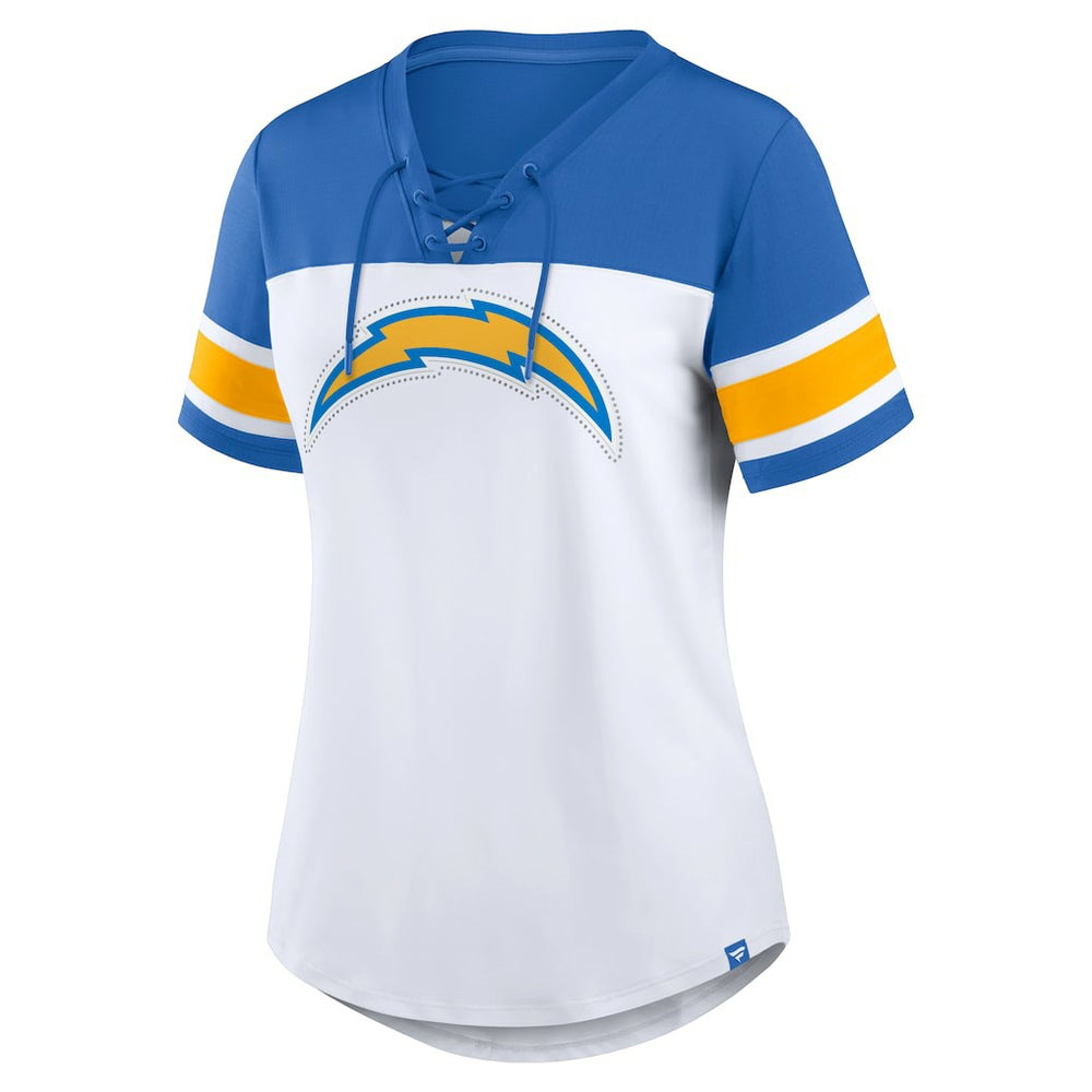 Los Angeles Chargers Women's Athena Rhinestone Lace-Up V-Neck T-Shirt White/Powder Blue | Fanatics
