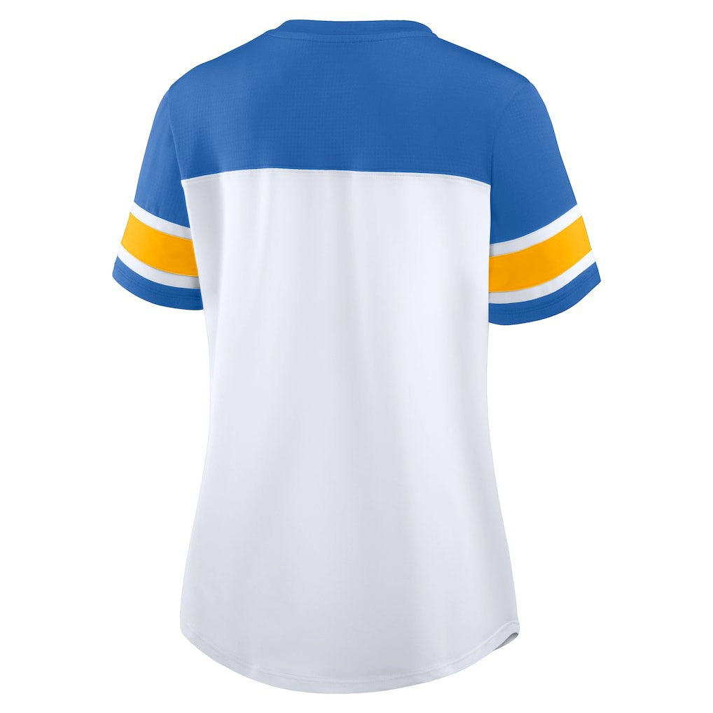 Los Angeles Chargers Women's Athena Rhinestone Lace-Up V-Neck T-Shirt White/Powder Blue | Fanatics