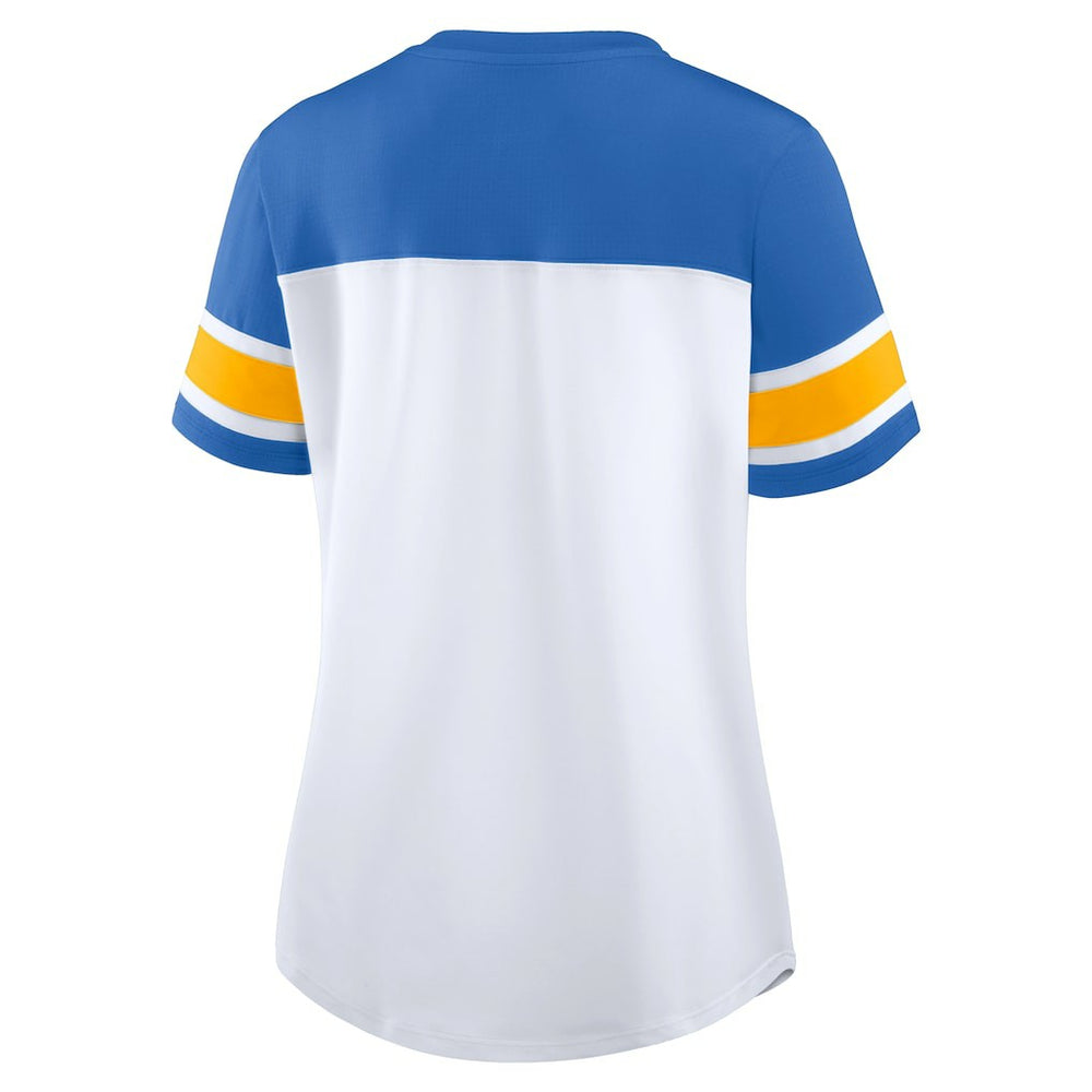 Los Angeles Chargers Women's Athena Rhinestone Lace-Up V-Neck T-Shirt White/Powder Blue | Fanatics