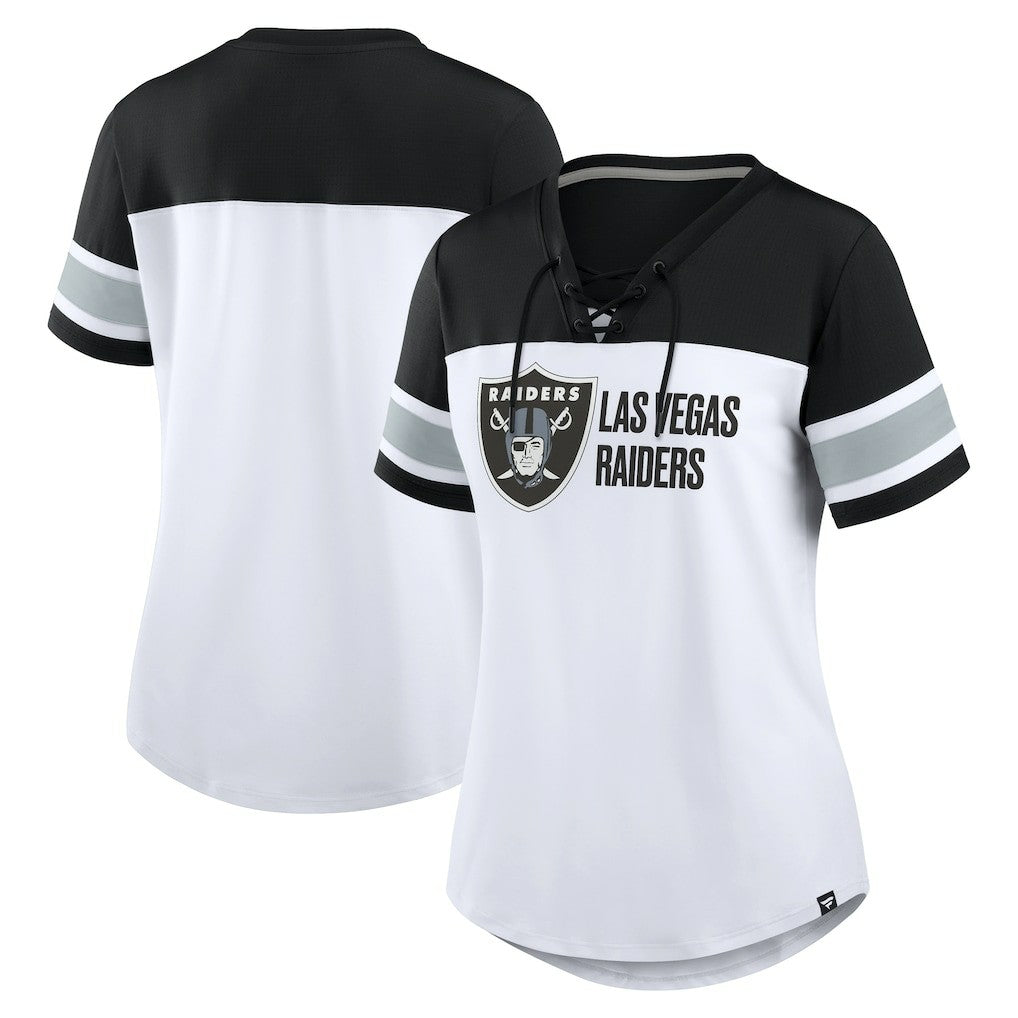 Las Vegas Raiders Women's Athena Lace-Up V-Neck T-Shirt White/Black | Fanatics