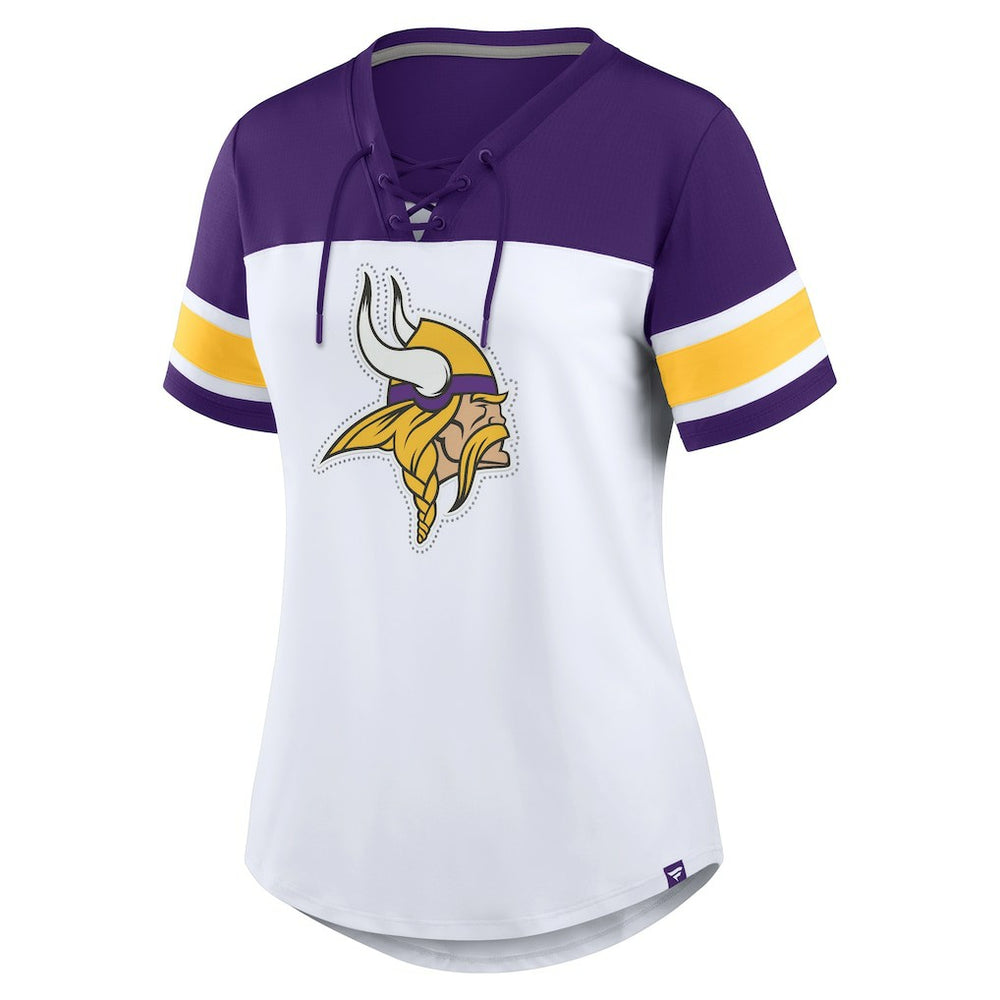 Minnesota Vikings Women's Athena Rhinestone Lace-Up V-Neck T-Shirt White/Purple | Fanatics