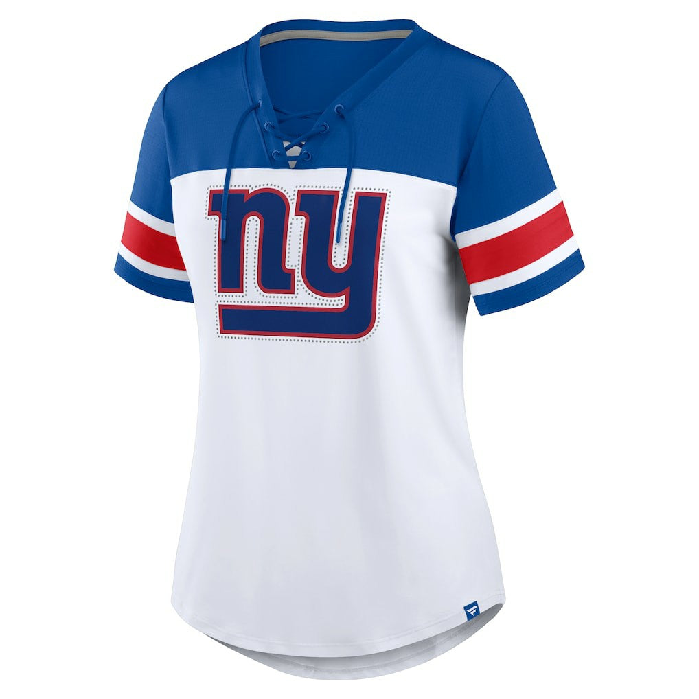 New York Giants Women's Athena Rhinestone Lace-Up V-Neck T-Shirt White/Royal | Fanatics