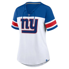 New York Giants Women's Athena Rhinestone Lace-Up V-Neck T-Shirt White/Royal | Fanatics