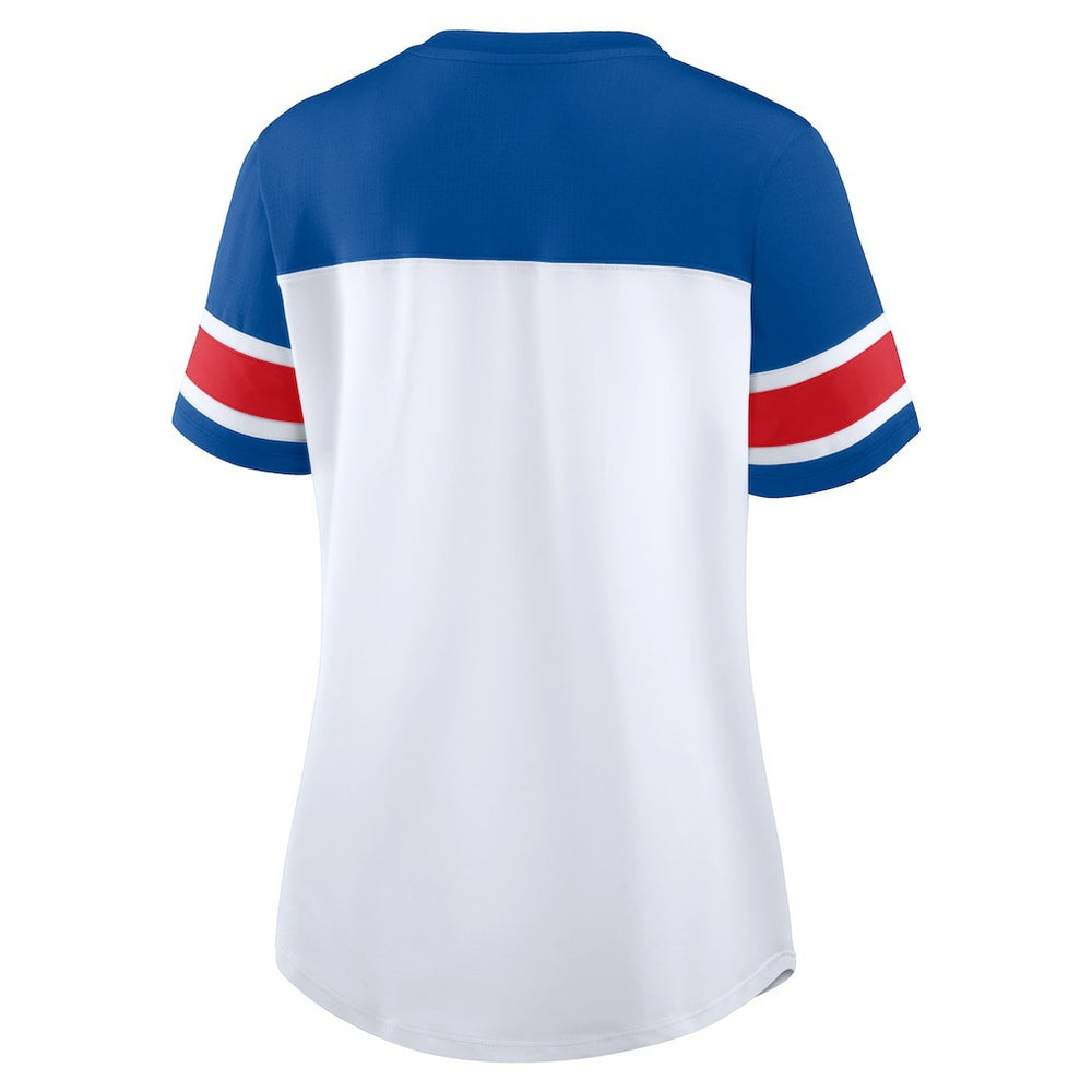 New York Giants Women's Athena Rhinestone Lace-Up V-Neck T-Shirt White/Royal | Fanatics