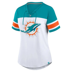 Miami Dolphins Women's Athena Rhinestone Lace-Up V-Neck T-Shirt White/Aqua | Fanatics