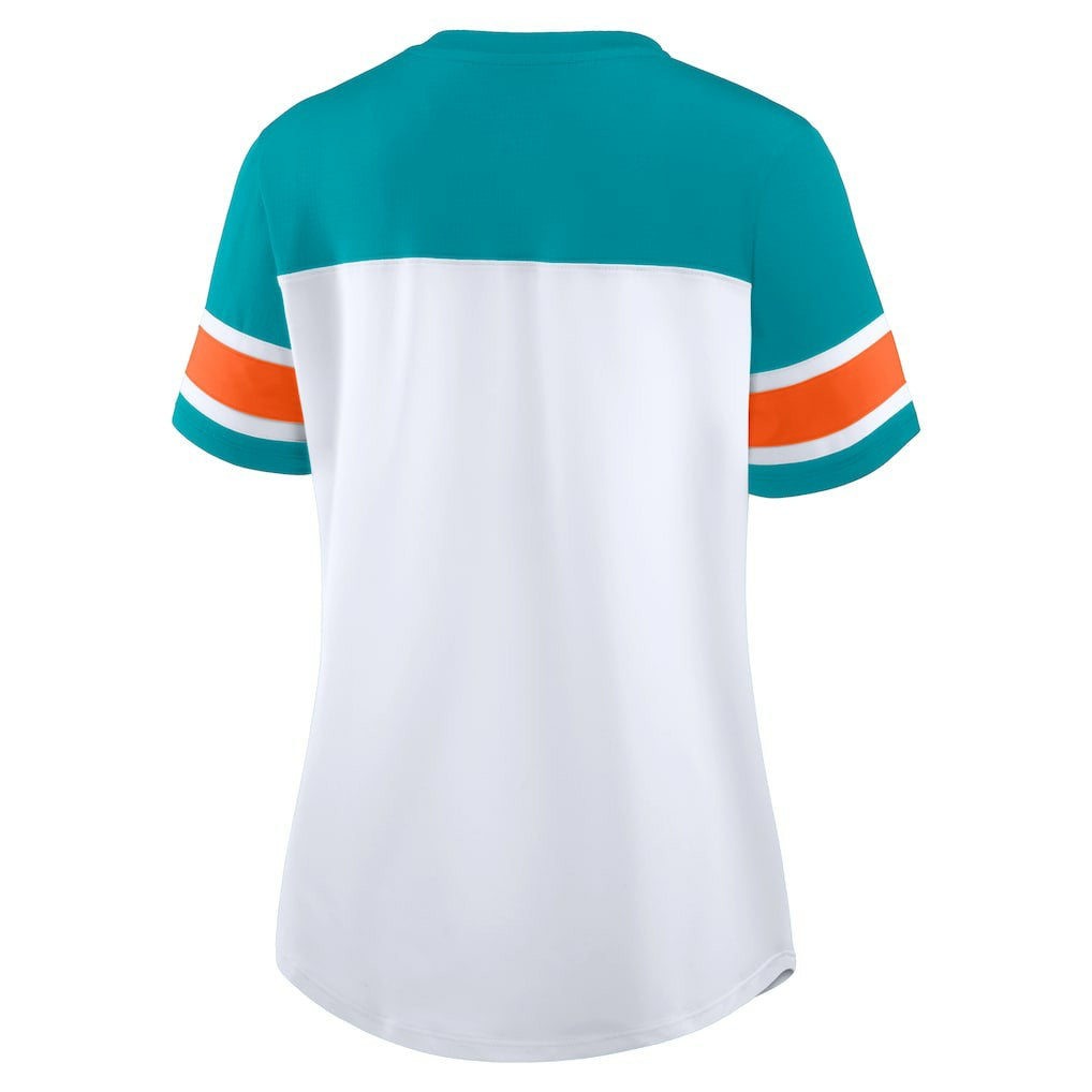 Miami Dolphins Women's Athena Rhinestone Lace-Up V-Neck T-Shirt White/Aqua | Fanatics