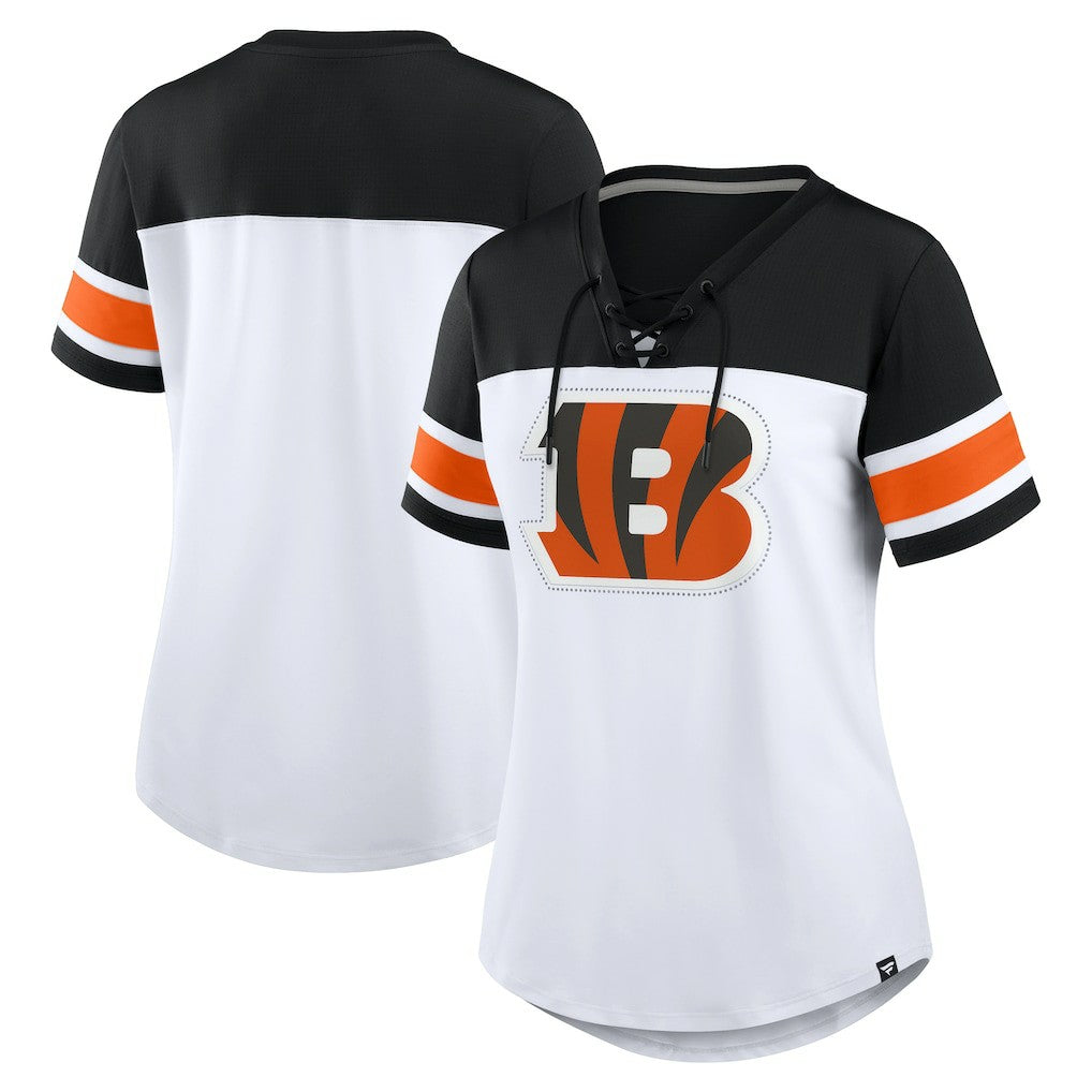 Cincinnati Bengals Women's Athena Rhinestone Lace-Up V-Neck T-Shirt White/Black | Fanatics