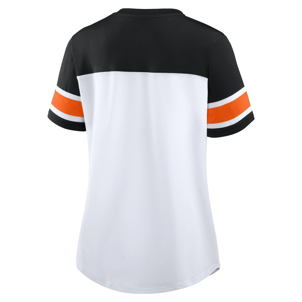 Cincinnati Bengals Women's Athena Rhinestone Lace-Up V-Neck T-Shirt White/Black | Fanatics