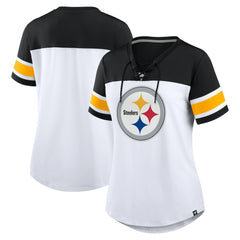 Pittsburgh Steelers Women's Athena Rhinestone Lace-Up V-Neck T-Shirt White/Black | Fanatics