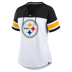 Pittsburgh Steelers Women's Athena Rhinestone Lace-Up V-Neck T-Shirt White/Black | Fanatics