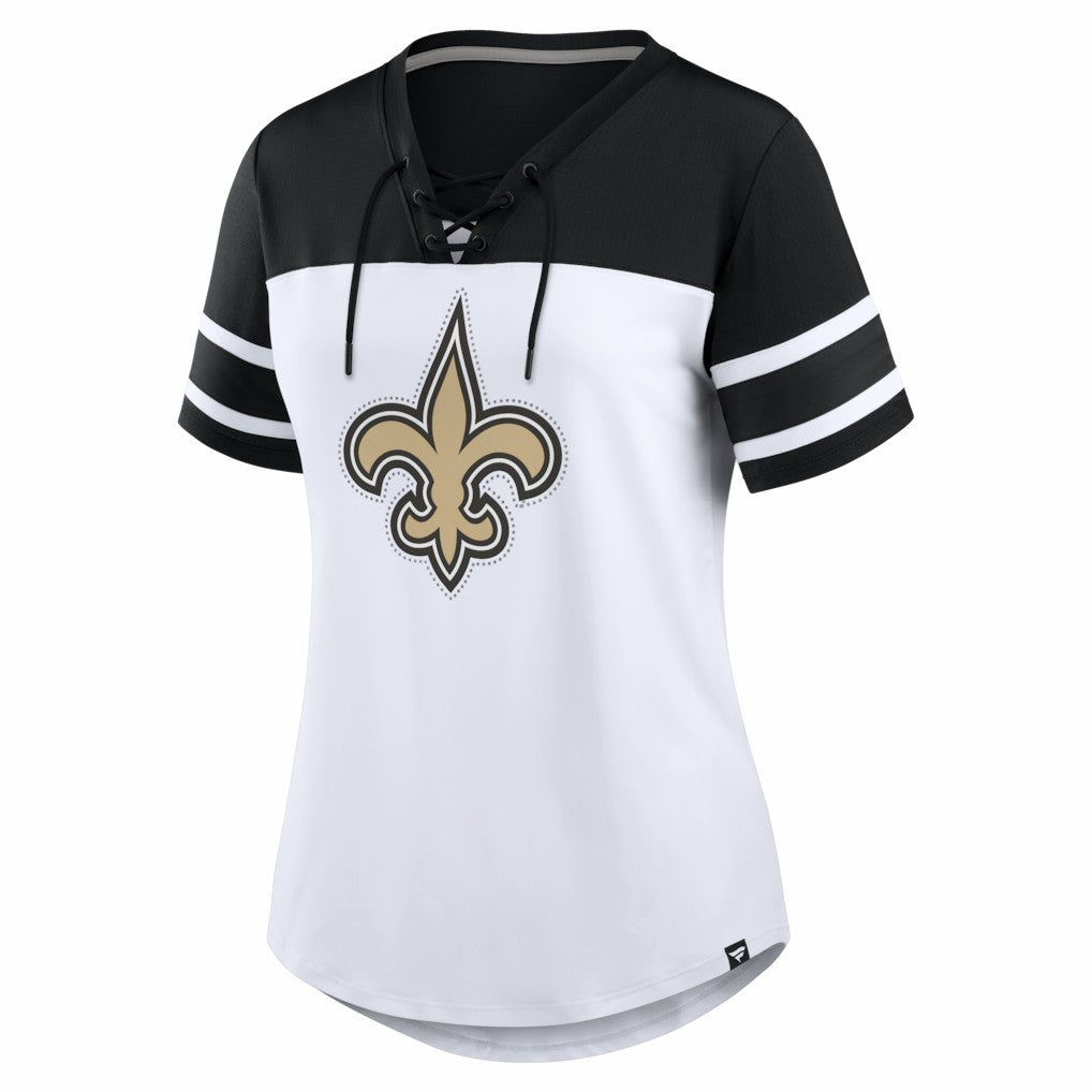New Orleans Saints Women's Athena Rhinestone Lace-Up V-Neck T-Shirt White/Black | Fanatics