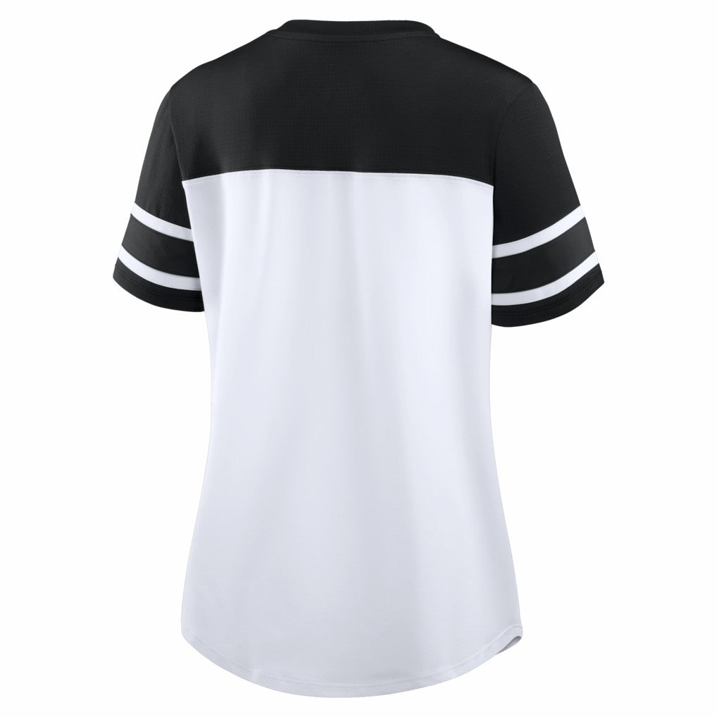 New Orleans Saints Women's Athena Rhinestone Lace-Up V-Neck T-Shirt White/Black | Fanatics