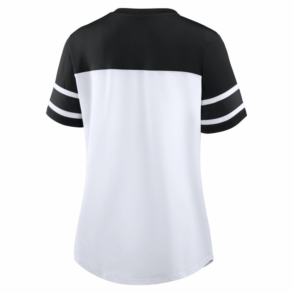 New Orleans Saints Women's Athena Rhinestone Lace-Up V-Neck T-Shirt White/Black | Fanatics