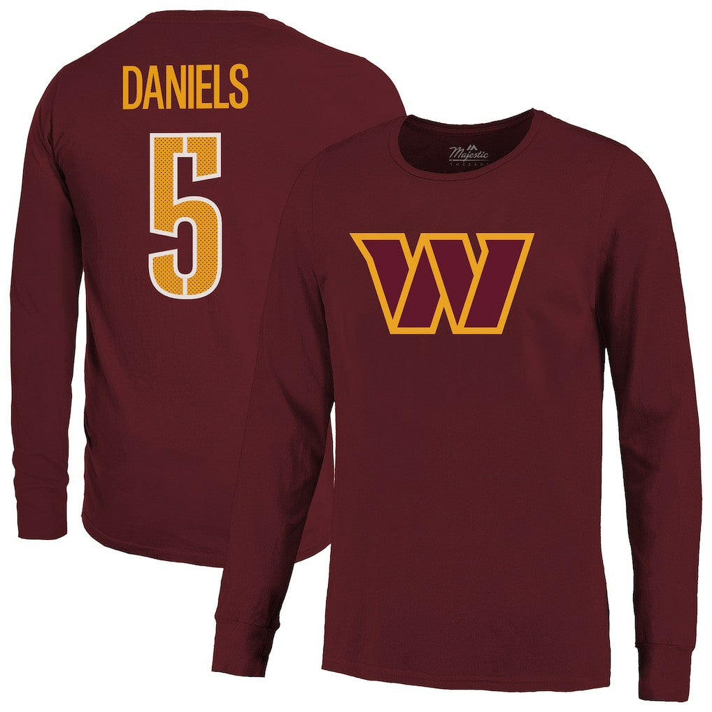 Jayden Daniels Washington Commanders Majestic Threads Name & Number Non-Distressed Long Sleeve T-Shirt Burgundy | NFL