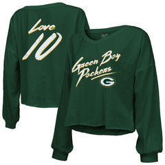 Jordan Love Green Bay Packers Majestic Threads Women's Name & Number Off-Shoulder Script Cropped Long Sleeve Relaxed V-Neck T-Shirt Green | NFL
