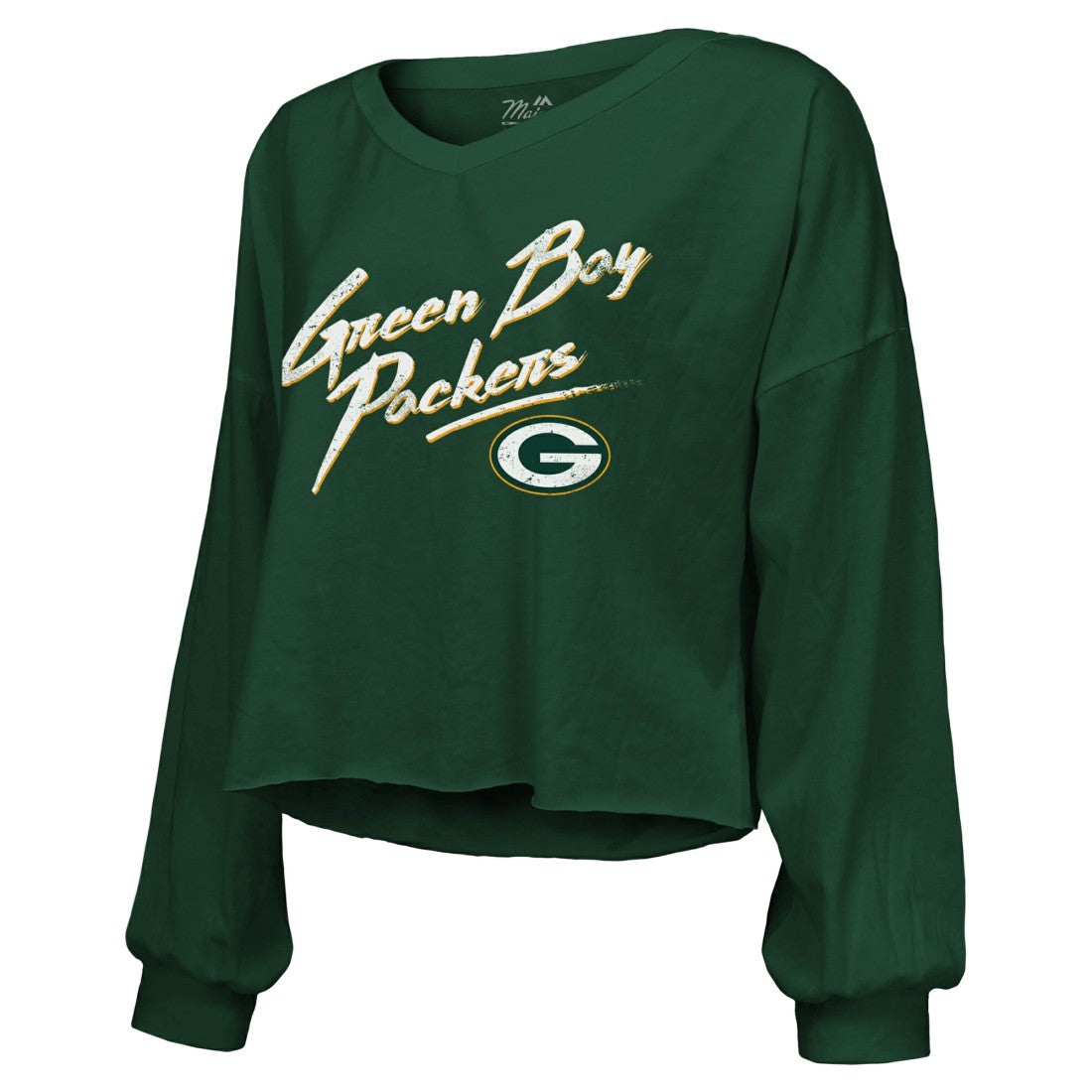 Jordan Love Green Bay Packers Majestic Threads Women's Name & Number Off-Shoulder Script Cropped Long Sleeve Relaxed V-Neck T-Shirt Green | NFL