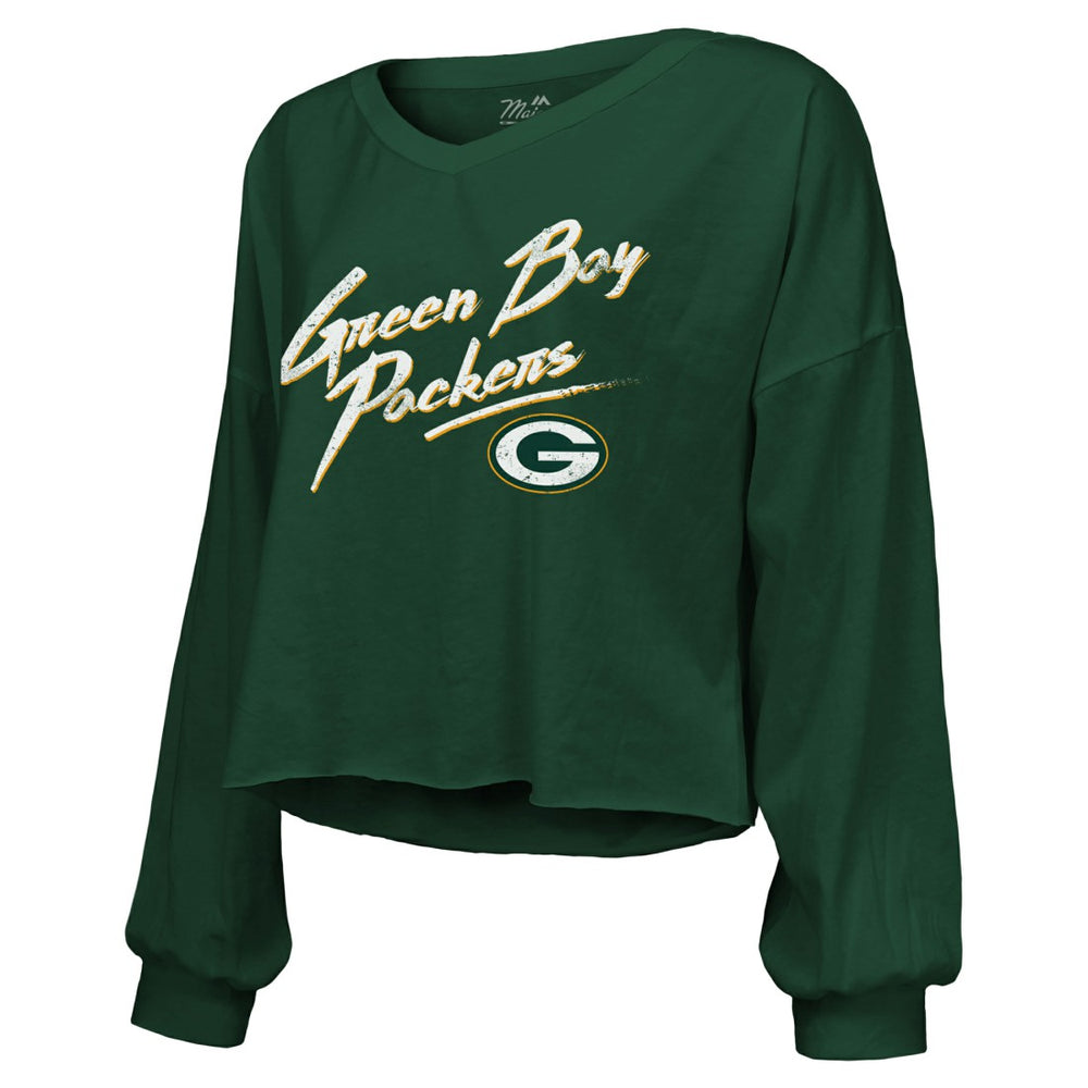 Jordan Love Green Bay Packers Majestic Threads Women's Name & Number Off-Shoulder Script Cropped Long Sleeve Relaxed V-Neck T-Shirt Green | NFL