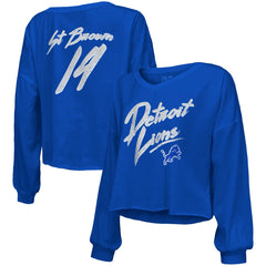 Amon-Ra St. Brown Detroit Lions Majestic Threads Women's Name & Number Off-Shoulder Script Cropped Long Sleeve Relaxed V-Neck T-Shirt Blue | NFL