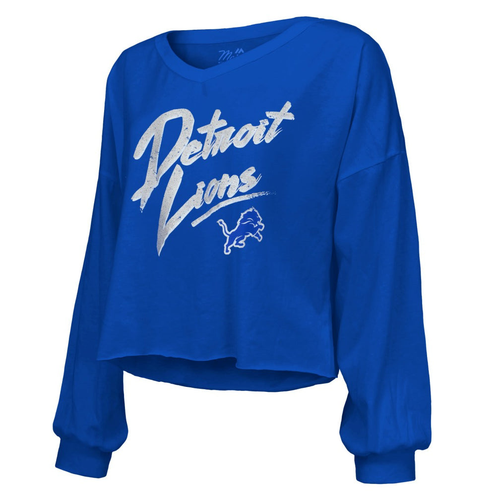 Amon-Ra St. Brown Detroit Lions Majestic Threads Women's Name & Number Off-Shoulder Script Cropped Long Sleeve Relaxed V-Neck T-Shirt Blue | NFL