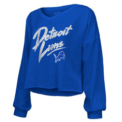 Amon-Ra St. Brown Detroit Lions Majestic Threads Women's Name & Number Off-Shoulder Script Cropped Long Sleeve Relaxed V-Neck T-Shirt Blue | NFL