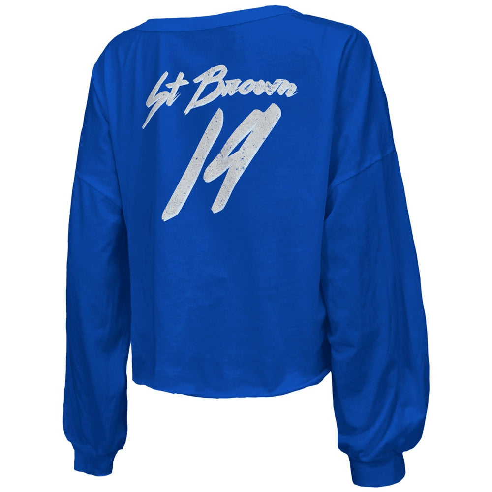 Amon-Ra St. Brown Detroit Lions Majestic Threads Women's Name & Number Off-Shoulder Script Cropped Long Sleeve Relaxed V-Neck T-Shirt Blue | NFL