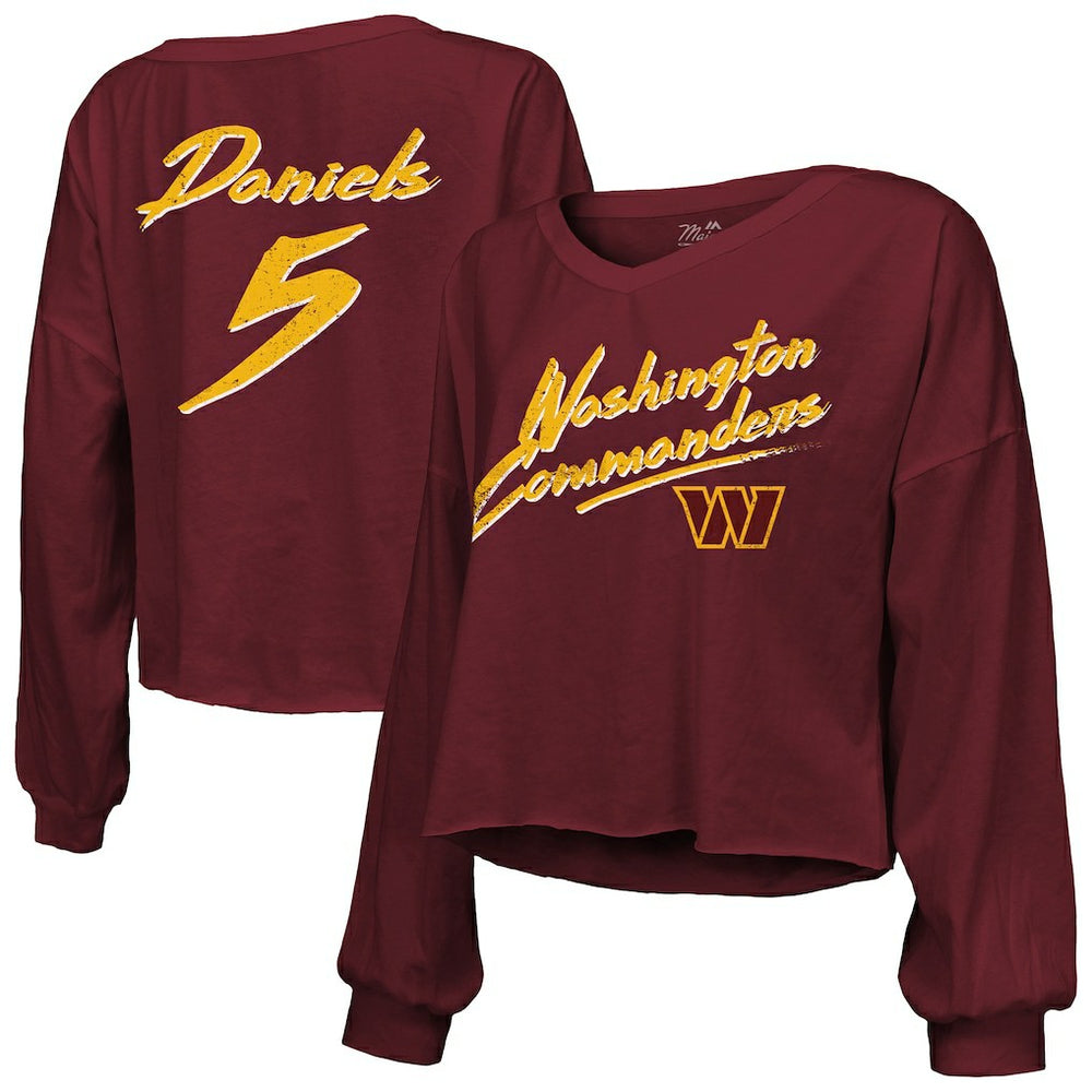 Jayden Daniels Washington Commanders Majestic Threads Women's Name & Number Off-Shoulder Script Cropped Long Sleeve Relaxed V-Neck T-Shirt Burgundy | NFL