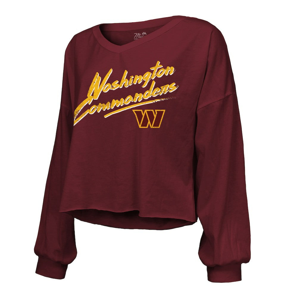 Jayden Daniels Washington Commanders Majestic Threads Women's Name & Number Off-Shoulder Script Cropped Long Sleeve Relaxed V-Neck T-Shirt Burgundy | NFL
