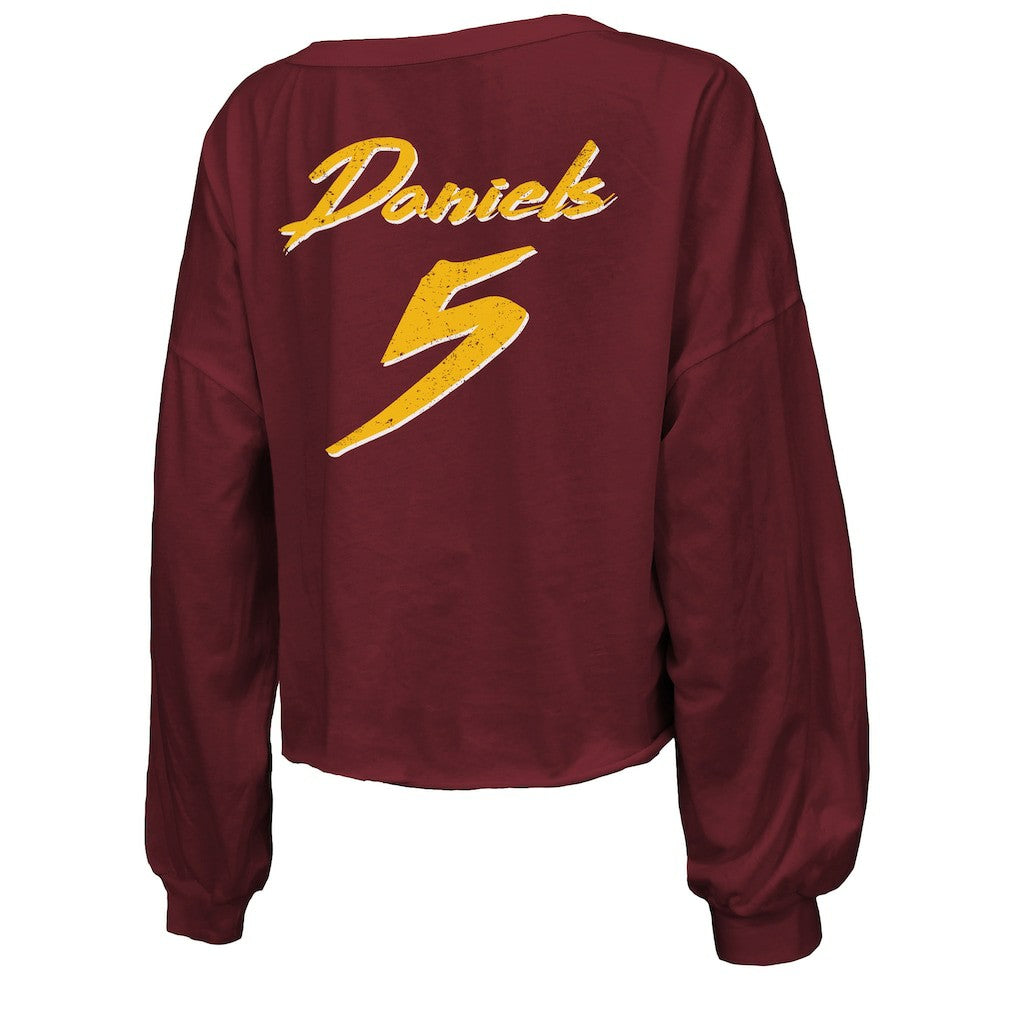 Jayden Daniels Washington Commanders Majestic Threads Women's Name & Number Off-Shoulder Script Cropped Long Sleeve Relaxed V-Neck T-Shirt Burgundy | NFL