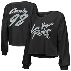 Maxx Crosby Las Vegas Raiders Majestic Threads Women's Name & Number Off-Shoulder Script Cropped Long Sleeve Relaxed V-Neck T-Shirt Black | NFL