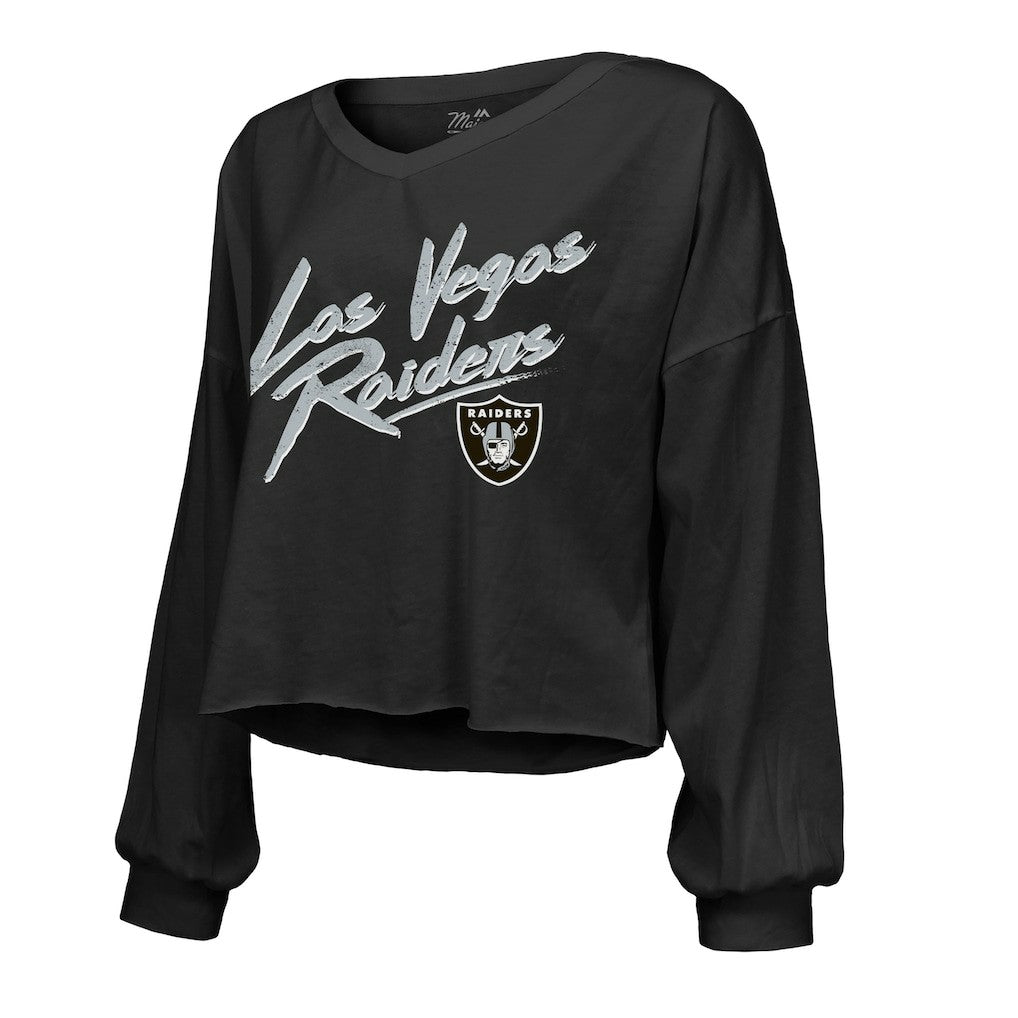 Maxx Crosby Las Vegas Raiders Majestic Threads Women's Name & Number Off-Shoulder Script Cropped Long Sleeve Relaxed V-Neck T-Shirt Black | NFL